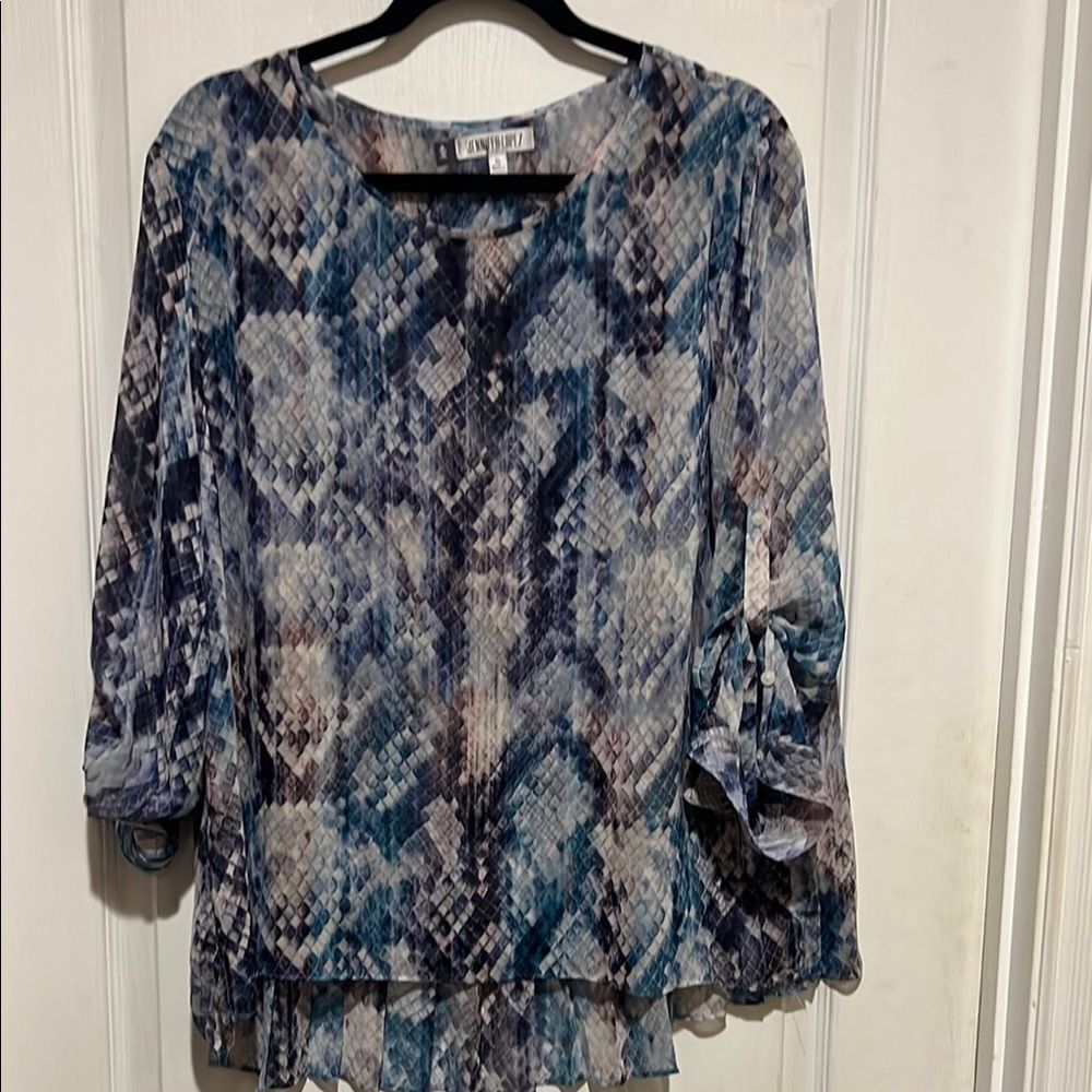 Jennifer Lopez Blue and Gray Relaxed Ruffled Blouse